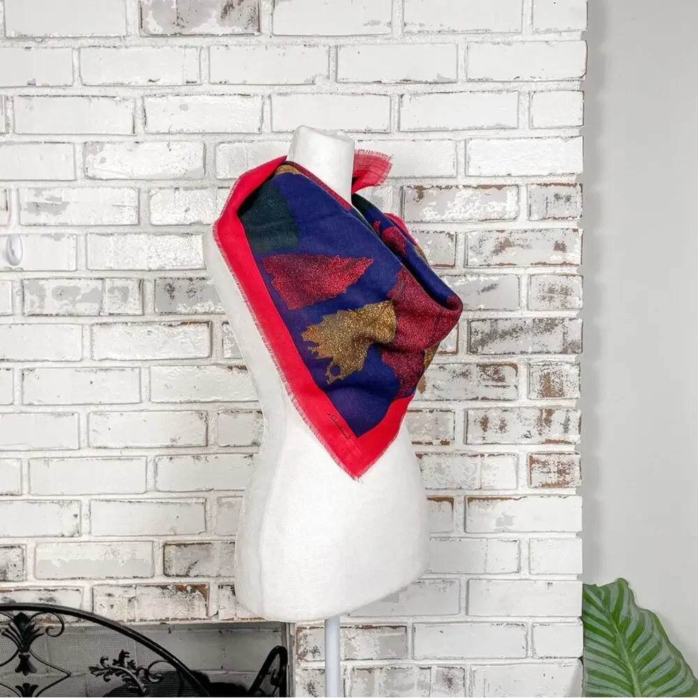 Vintage 80s Eddie Bauer Wool Red Blue Yellow Green Fall Leaf Italy Scarf